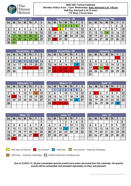 School Calendar - The Diener School