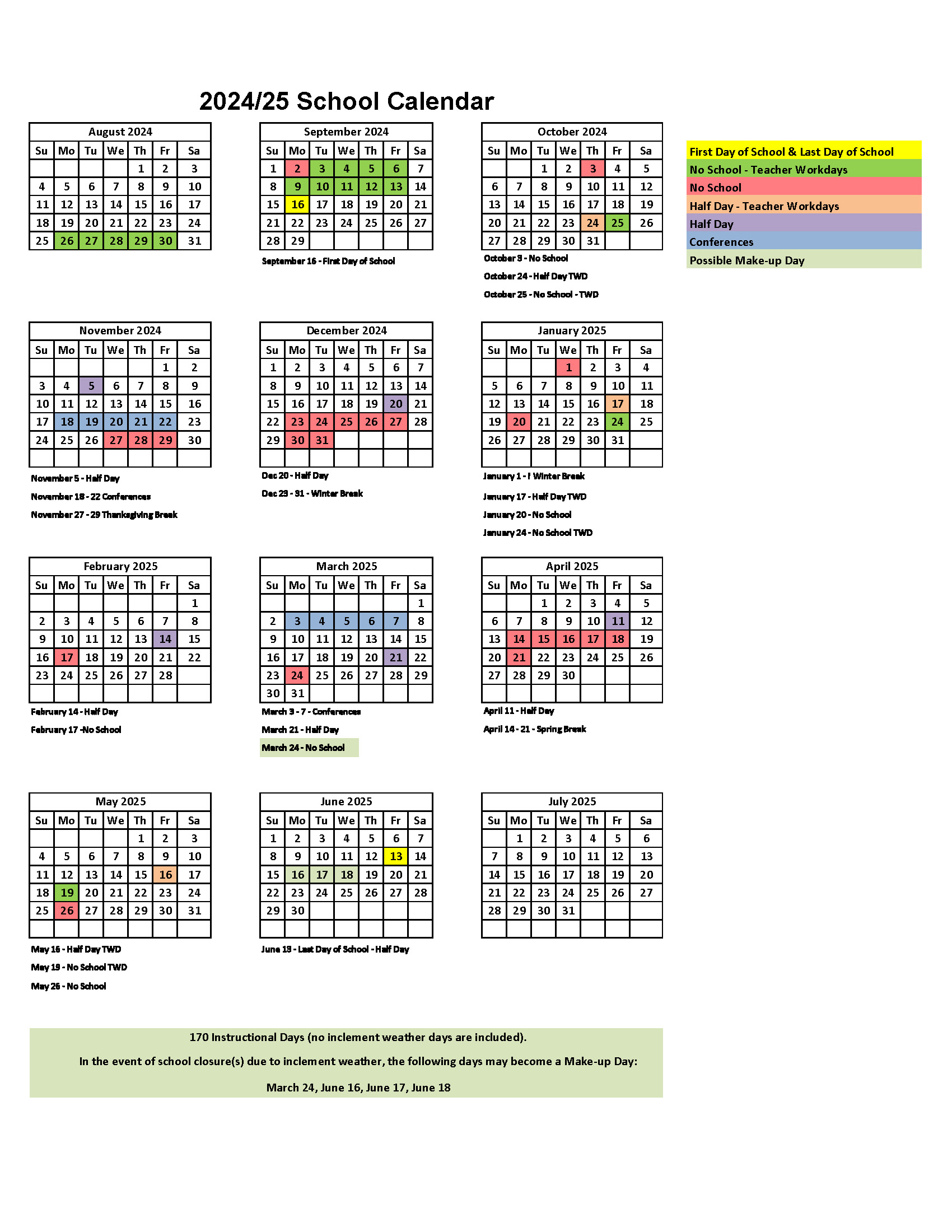 2024-2025 The Diener School Calendar