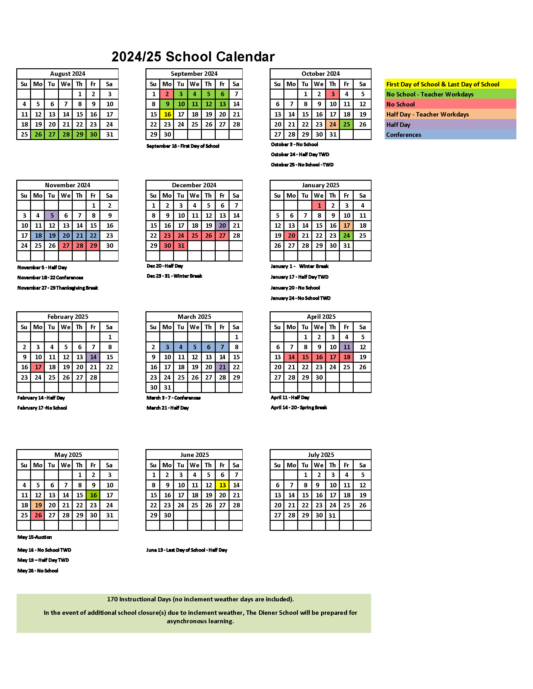 2024-2025 Diener school Calendar